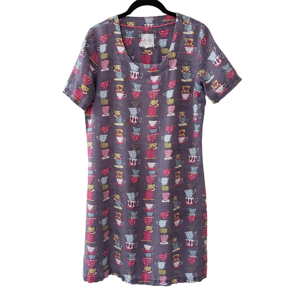 Mistral Tea Cup Print 100% Linen Short Sleeve Shift Dress, Gray/Purple, Sz 6-8